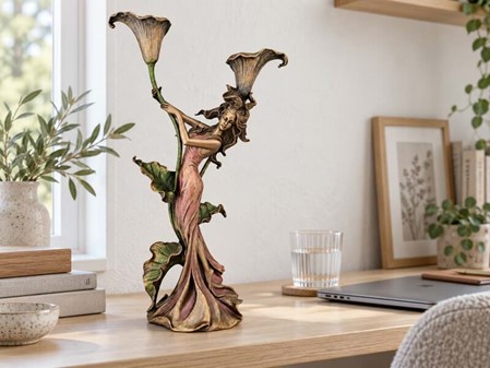 GOD BRYLLUPSGAVE. Art Nouveau lysestage - figur, en kvinde med lilje