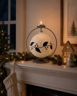 Store julekugler i hvid. Porcelæn blank finish med grøn blade, Ø 15cm