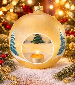 Jule glas lanterne i guld gennemsigtig mat med vinterhytter. Ø 15 cm