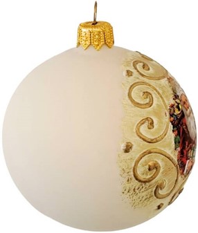 Nostalgisk julepynt: Hvide julekugler med julemand. Ø 8 cm, 6 stk