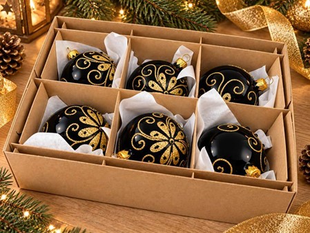 Polsk glas julepynt. Sort juletræskugle glas med gyldent glitterpynt