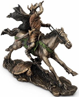 Viking på Hest i Kamp. Lille bronzefigur - en miniature saga