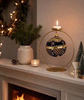 Guld-sort julekugle med hvide perler, røde og hvide krystaller, Ø 10cm
