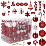 Røde plast julekugler til en stor fest. 153 stk 22 forskellige designs