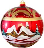 Skarlagenrøde julekugle med gulddekoration og vinterlandskab. Ø 20 cm