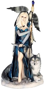 ROMANTISKE GAVER. Kvindelig Shaman og ulv. Dekorativ polyresin figur