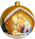 Polsk stor glaskugle til jul, mat gylden farve med julekrybbe, Ø 15 cm
