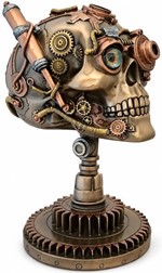 FIGURER STEAMPUNK. Unik bronzefigur af kranium på kædehjul stativ