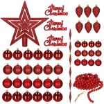 Sæt med mange forskellige plast julekugler og julepynt i rødt. 51 stk