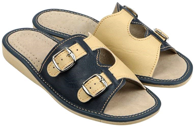 SANDALER Beige/marineblå sandaler med to spænder, 149